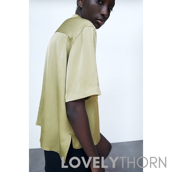 ZARA // satin effect button down short sleeve relaxed pocket top - Picture 6 of 9